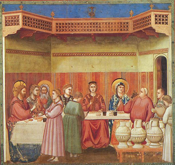 Giotto di Bondone, dit Giotto (1266-1337), Les noces de Cana (fresque, 1305), Chapelle des Scrovegni, Padoue, Italie. Domaine public.